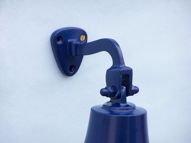 Solid Brass Hanging Ship's Bell 6"" - Blue Powder Coated