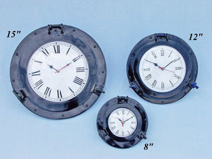 Brass Deluxe Class Porthole Clock 8"" - Dark Blue