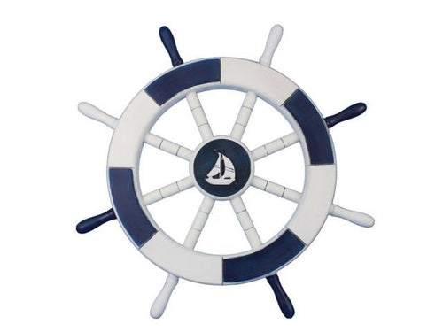Dark Blue and White Decorative Ship Wheel with Sailboat 18"