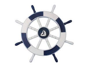 Dark Blue and White Decorative Ship Wheel with Sailboat 18&quot;