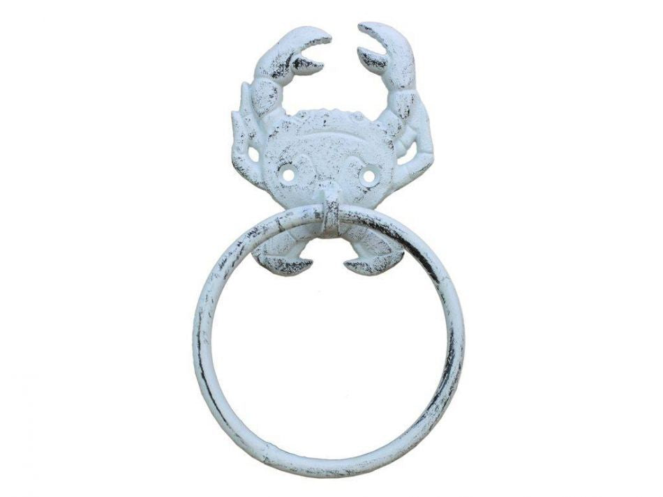 Whitewashed Cast Iron Crab Bathroom Set of 3 - Large Bath Towel Holder and Towel Ring and Toilet Paper Holder