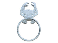 Load image into Gallery viewer, Whitewashed Cast Iron Crab Bathroom Set of 3 - Large Bath Towel Holder and Towel Ring and Toilet Paper Holder