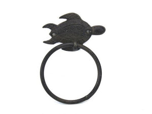 Cast Iron Sea Turtle Bathroom Set of 3 - Large Bath Towel Holder and Towel Ring and Toilet Paper Holder