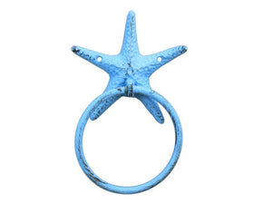 Rustic Light Blue Cast Iron Starfish Bathroom Set of 3 - Large Bath Towel Holder and Towel Ring and Toilet Paper Holder