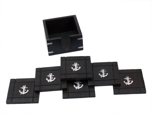 Wooden Black Coasters with Chrome Anchor Inlay 4