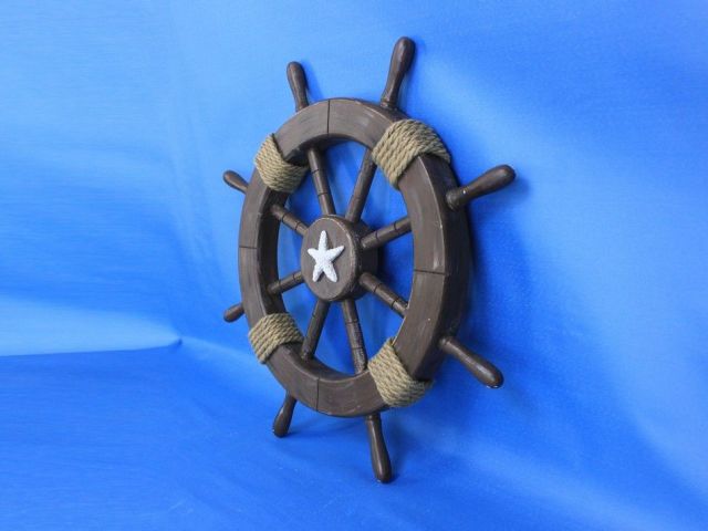 Rustic Wood Finish Decorative Ship Wheel with Starfish 18
