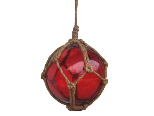 Red Japanese Glass Ball Fishing Float With Brown Netting Decoration 6