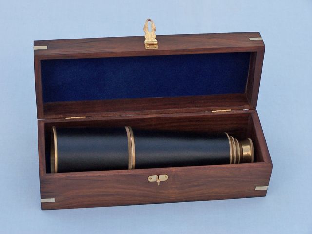 Deluxe Class Admiral Antique Brass Leather Spyglass Telescope 27" w/ Rosewood Box
