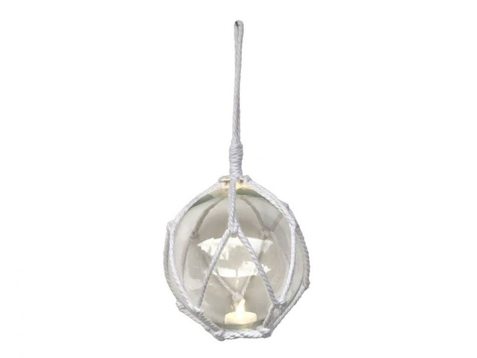 LED Lighted Clear Japanese Glass Ball Fishing Float with White Netting Decoration 6""