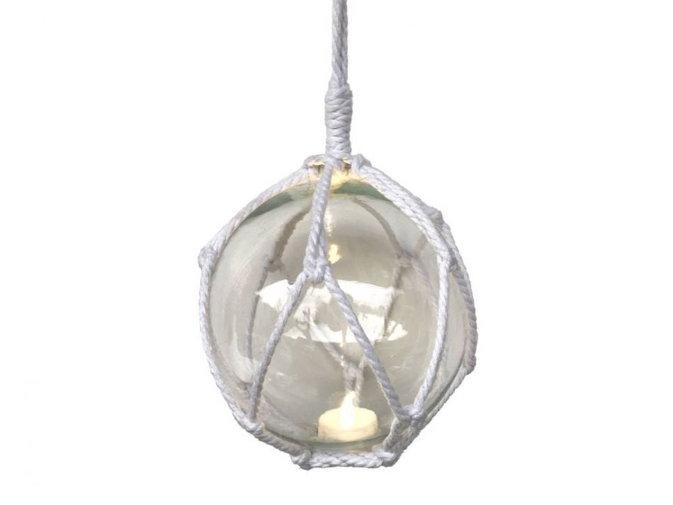 LED Lighted Clear Japanese Glass Ball Fishing Float with White Netting Decoration 6""
