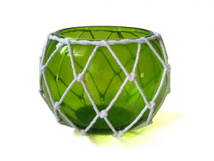 Green Japanese Glass Fishing Float Bowl with Decorative White Fish Netting 8"