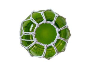 Green Japanese Glass Fishing Float Bowl with Decorative White Fish Netting 8"
