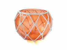 Load image into Gallery viewer, Orange Japanese Glass Fishing Float Bowl with Decorative White Fish Netting 8&quot;