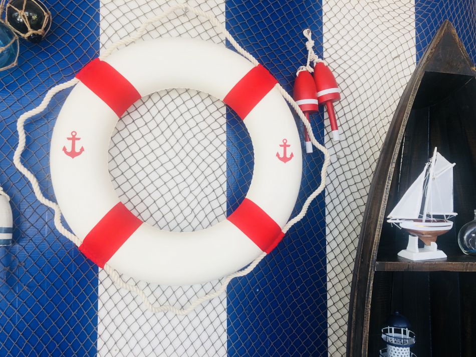Classic White Decorative Anchor Lifering with Red Bands 20"