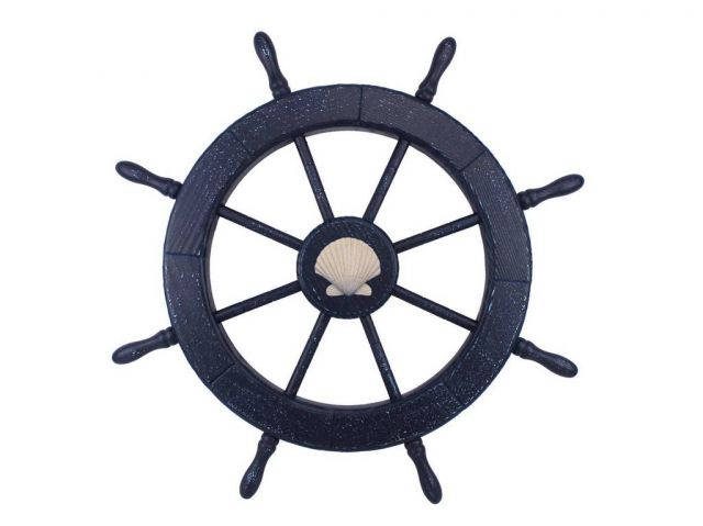 Wooden Rustic All Dark Blue Decorative Ship Wheel With Seashell 30