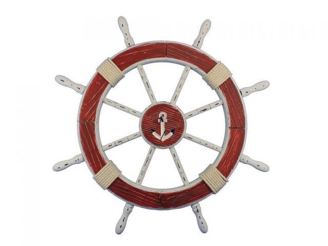 Wooden Rustic Red and White Decorative Ship Wheel With Anchor 30