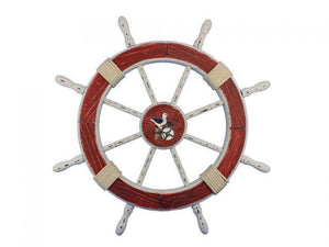 Wooden Rustic Red and White Decorative Ship Wheel With Seagull 30""