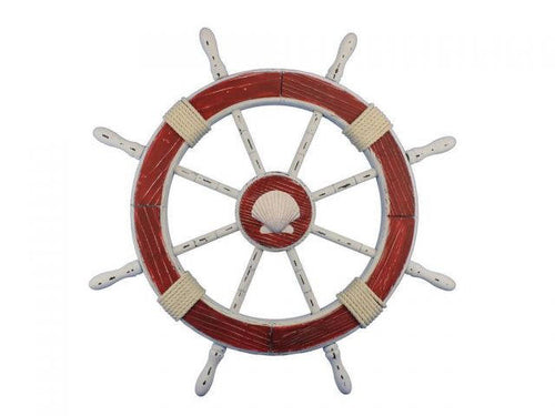 Wooden Rustic Red and White Decorative Ship Wheel With Seashell 30
