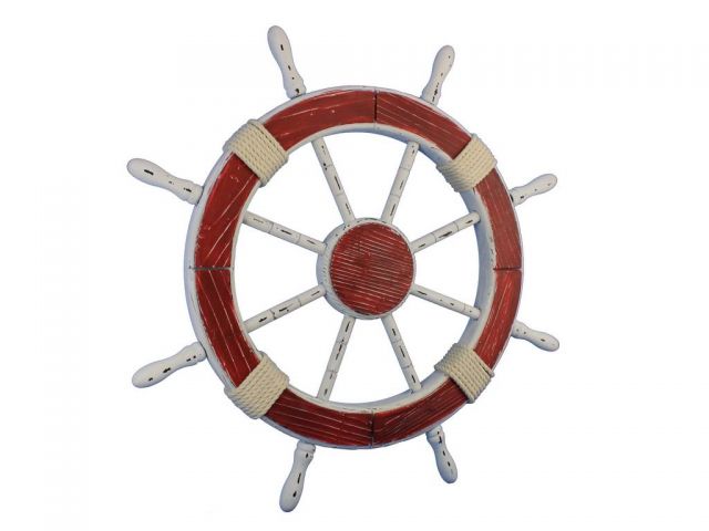 Wooden Rustic Red and White Decorative Ship Wheel 30""