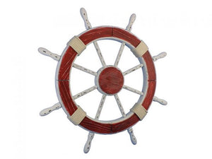 Wooden Rustic Red and White Decorative Ship Wheel 30""