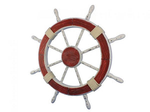 Wooden Rustic Red and White Decorative Ship Wheel 30""