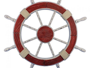 Wooden Rustic Red and White Decorative Ship Wheel 30""