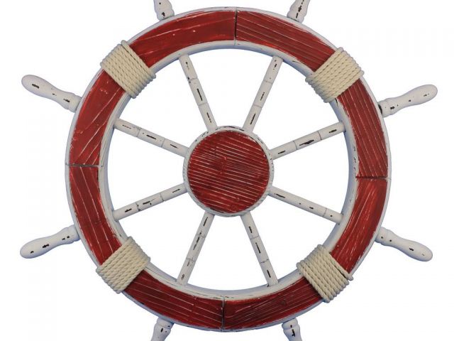 Wooden Rustic Red and White Decorative Ship Wheel 30
