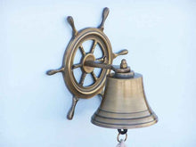 Load image into Gallery viewer, Antique Brass Hanging Ship Wheel Bell 7&quot;