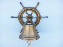 Load image into Gallery viewer, Antique Brass Hanging Ship Wheel Bell 7&quot;