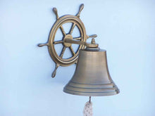 Load image into Gallery viewer, Antique Brass Hanging Ship Wheel Bell 8&quot;