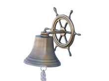 Load image into Gallery viewer, Antique Brass Hanging Ship Wheel Bell 8&quot;
