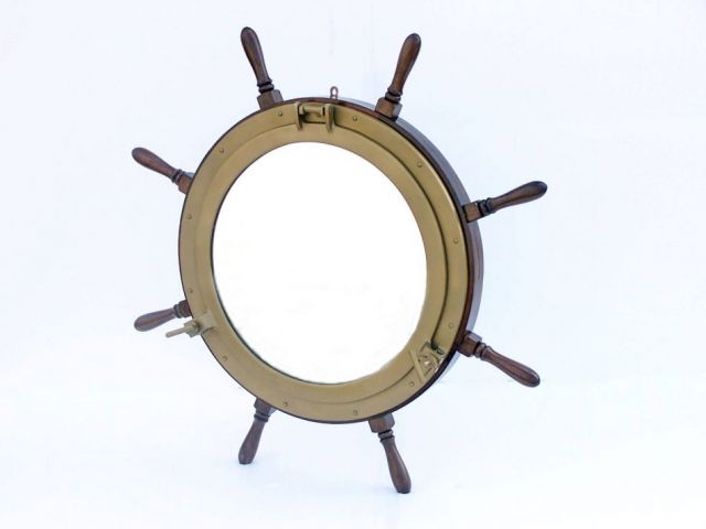 Deluxe Class Wood and Antique Brass Ship Wheel Porthole Mirror 36""
