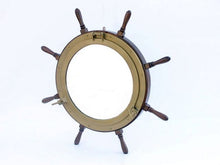 Load image into Gallery viewer, Deluxe Class Wood and Antique Brass Ship Wheel Porthole Mirror 36&quot;&quot;