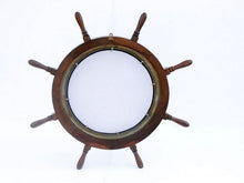 Load image into Gallery viewer, Deluxe Class Wood and Antique Brass Ship Wheel Porthole Mirror 36&quot;&quot;
