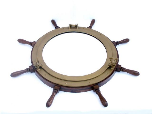 Deluxe Class Wood and Antique Brass Ship Wheel Porthole Mirror 36""