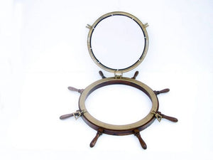 Deluxe Class Wood and Antique Brass Ship Wheel Porthole Mirror 36""