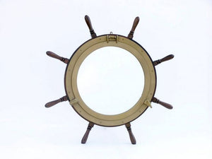 Deluxe Class Wood and Antique Brass Ship Wheel Porthole Mirror 36""