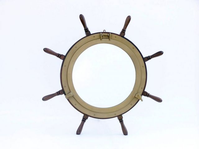 Deluxe Class Wood and Antique Brass Ship Wheel Porthole Mirror 36
