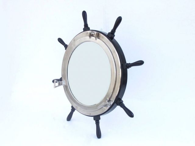 Deluxe Class Wood and Brushed Nickel Ship Wheel Porthole Mirror 36""