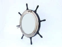 Load image into Gallery viewer, Deluxe Class Wood and Brushed Nickel Ship Wheel Porthole Mirror 36&quot;&quot;