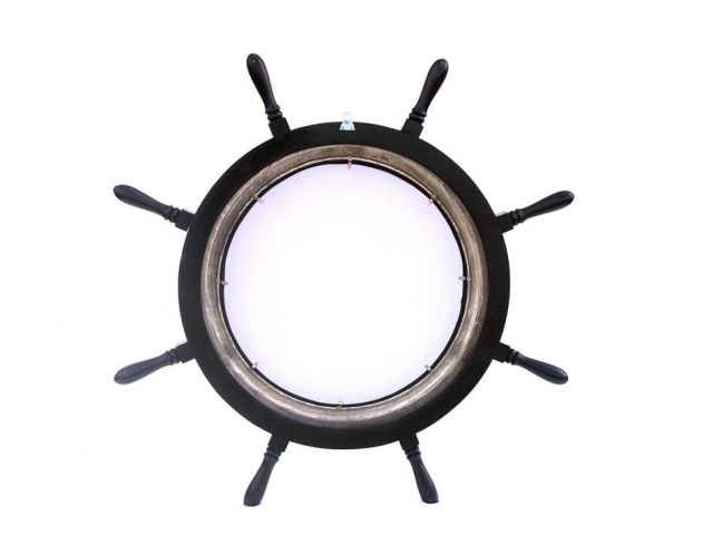 Deluxe Class Wood and Brushed Nickel Ship Wheel Porthole Mirror 36""
