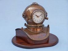 Load image into Gallery viewer, Antique Brass Decorative Divers Helmet Clock on Rosewood Base 12&quot;