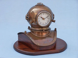 Antique Brass Decorative Divers Helmet Clock on Rosewood Base 12"