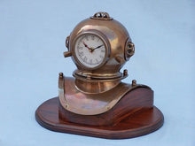 Load image into Gallery viewer, Antique Brass Decorative Divers Helmet Clock on Rosewood Base 12&quot;