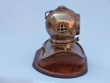 Load image into Gallery viewer, Antique Brass Decorative Divers Helmet Clock on Rosewood Base 12&quot;