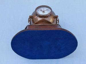 Antique Brass Decorative Divers Helmet Clock on Rosewood Base 12"