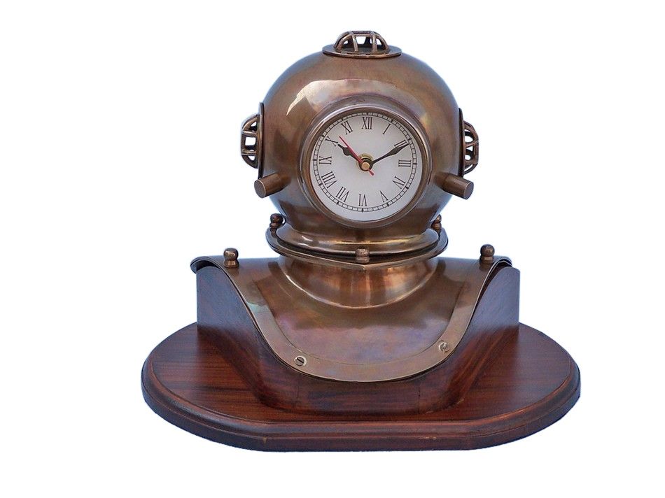 Antique Brass Decorative Divers Helmet Clock on Rosewood Base 12