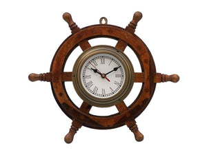 Deluxe Class Wood and Antique Brass Ship Steering Wheel Clock 12"