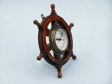 Load image into Gallery viewer, Deluxe Class Wood and Antique Brass Ship Steering Wheel Clock 12&quot;