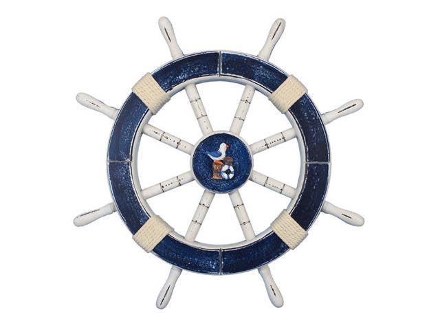Rustic Dark Blue Decorative Ship Wheel with Seagull and Lifering 18''